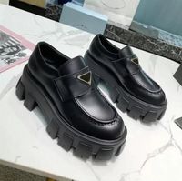 Wholesale Designer Shoes Soft Cowhide Loafers Rubber Platform Sneakers Black Shiny Leather Slipper Chunky Round Head Sneaker Thick Bottom prad Shoe women Sneaker With Box