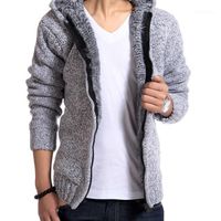 Wholesale Mens Thick Fluffy Sweater Fro Boys Coat Hooded Plus Size Long Sleeve Knitted Cardigan Grey Winter Male Fashion Knitwear Men s Sweaters