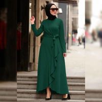 Wholesale Ethnic Clothing Muslim Fashion Ladies Solid Color Irregular Ruffled Lace up Middle East Dubai Long Dress European Hijab Kuftan