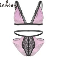 Wholesale xxl Men Sissy Satin Lingerie Set Gay Hot Sexy Erotic Lace Trim Bra Tops with Low Rise Briefs Male Intimates Underwear