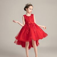 Wholesale Girl s Dresses Red Tulle Pretty Flower Girl Dress Sofe Lace Baby Kids Formal Wear Wedding Party With Bow