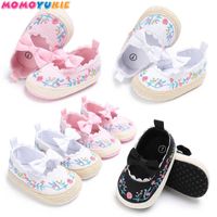 Wholesale Princess embroidery bow First walkers baby Toddler Cotton fabric Baby moccasins girls Mary jane Hard sole Shoes