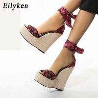 Wholesale Eilyken New Design Heart Shaped Pattern Silk Lace Up Women Platform Sandals Summer Fashion Peep Toe Wedges High Heels Sexy Shoes