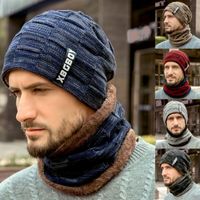 Wholesale Scarves UK Men Beanie Hat Scarf Neck Warmer Set Winter Knitted Thermal Thicken Ski Cap