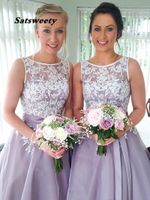Wholesale Vintage Scoop Lace Short Bridesmaid Dress Lilac Lavender Tulle Wedding Party Gowns Knee Length Bridesmaids Dresses Straples