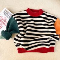 Wholesale INS Kids stripe knitted pullover girls boys patch work colors long sleeve sweater tops children casual clothing A8178