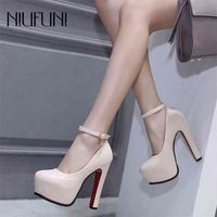 Wholesale NIUFUNI Women Pumps Wedding Shoes Mary Jane Party Ankle Strap Platform Ladies Thick Heeled Black Beige Working