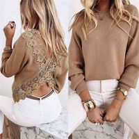 Wholesale Spring Sexy Backless Women Tshirts Casual Brown O Neck Lace Patchwork Hollow Out Pullover Tops Ladies Long Sleeve Tee Shirt