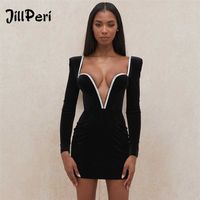 Wholesale JillPeri Long Sleeve Sexy Deep V Neck Wired Diamante Crystal Padded Shoulder Bodycon Outfit Winter Velvet Party Dress