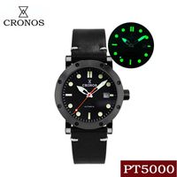Wholesale Wristwatches Cronos Men s Watch Black Dial Stainless Steel PVD Plated Case Sapphire PT5000 Automatic Movement See through Back