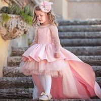 Wholesale Girl s Dresses Pink Little Girls Birthday Dress Long Sleeves Tulle Satin Bow Kids Clothes Gown Lace Flower Girl For Wedding Party