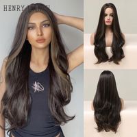 Wholesale Synthetic Wigs HENRY MARGU Natural Long Wave Black Brown Highlight Wig Middle Part Daily Hair For Women Afro Heat Resistant