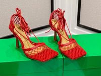 Wholesale 2021 fashion designer mesh strap with high heel square sandals is a must for sexy girls in summerIncluding boxes and bags