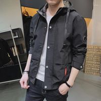 Wholesale Men s Jackets Mens Hooded Jacket Streetwear Black Solid Zip Up Casual Wind Breaker Korean Style Clothing For Spring Autumn Fashion