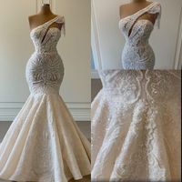 Wholesale 2021 Arabic Aso Ebi Lace Beaded Mermaid Wedding Dresses Bridal Gowns Sexy One Shoulder Vintage Luxurious Full Pearls Beading Sequins Keyhole Floor Length