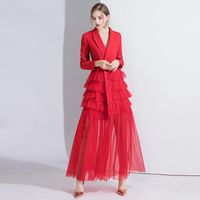 Wholesale Casual Dresses Runway Women Autumn Suit Collar Ruffles Patchwork Pleated Mesh Dress Long Sleeve Party White Black Red Vestidos