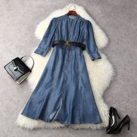 Wholesale European and American women s clothing spring new Nine quarter sleeve nice buttons Fashionable belted denim dress