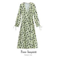 Wholesale Casual Dresses Free Inspirit Autumn Women s Dress Style Full Sleeve Floral Pattern Loose V neck Frenulum Knee length