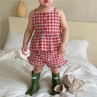 Wholesale Clothing Sets Children Summer Grid Red Vest Sleeveless Top Shorts Baby Girls Cool Korean Japanese Style Y Kids Bodysuits