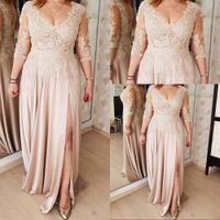 Wholesale 2021 Sexy Champagne Mother Of The Bride Dresses Side Split V Neck Evening Dress Three Quarter Sleeves Lace Appliques Illusion Chiffon Plus Size Prom Party Gowns