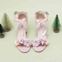 Wholesale Dress Shoes Princess Baby Pink Fairy sandals word bow wristband sweet student adult gift thick heel flower forest Bridesmaid SHOES