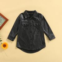 Wholesale Jackets Fashion Autumn Baby Girls PU Leather Dress Coats Long Sleeve Lapel Collar Buttoned Thigh Kids Jacket Outwear With Pocket