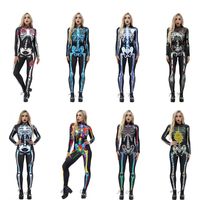 Wholesale Theme Costume Adult Women Scary Halloween White Green Skeleton Print Horror Catsuit Jumpsuit Bodysuit With Full Sleeves For Ladies