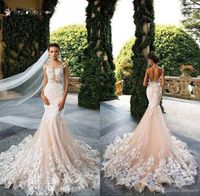 Wholesale 2021 Wedding Dresses Mermaid Sexy Sheer Neck Cap Sleeve Lace Appliques Bodicese Sweep Train Bridal Gowns Vestios De Novia