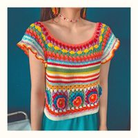 Wholesale Women s T Shirt Bohemian Colorful Floral Handmade Crochet Crop Top Summer Retro Vintage Knitted T Shirt Women Short Sleeve Cropped High Qual