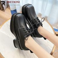 Wholesale Dress Shoes RIBETRINI Spring Summer Platform Chunky Heels Pumps Lace up Office Simple Square Toe Black Women s For Girls