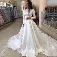 Wholesale Other Wedding Dresses WUZHIYI White Ivory Princess Satin Dress Pleated Waist Muslim A Line Bridal Gowns Long Sleeves Robe De Marriage Bride