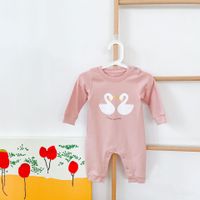 Wholesale Ins girls cartoon Rompers Spring autumn white swan printed infant jumpsuit newborn baby long sleeve cotton climb Clothing S1545