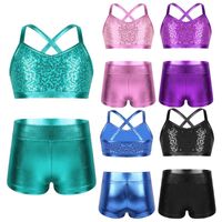 Wholesale Clothing Sets Kids Girls Tankini Ballet Dance Clothes Set Shiny Sequins Tank Crop Top With Shorts Tracksuit Outfit Workout Gymnastics Costum