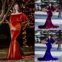 Wholesale Casual Dresses Velvet Maternity Long Dress Pography Ruffle Off Shoulder Pregnancy Po Shoot Pregnant On Women Winter Maxi Gown Arrival