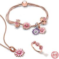 Wholesale Pink Daisy Flower S925 Silver Color Garden Series Multiple Snake Bone Bracelet for Women Jewelry Fit Original Pandora Charms