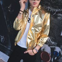 Wholesale ackets New Spring and Autumn Pu Gold Bright Leather Face Stand Collar Three quarter Sleeves Sun Protection Men s Thin Jacket