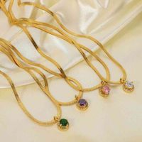 Wholesale Ins wind K gold stainless steel round zircon double layer three dimensional pendant flat snake chain necklace for women