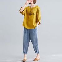 Wholesale Piece Sets Women Summer Casual Suits Arrival Simple Style Loose Female Cotton T shirts And Ankle length Jeans S3683 Women s Two Pants