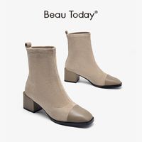 Wholesale Boots Women Ankle Sock Kid Suede Calfskin Leather Square Toe High Heel Patchwork Female Dress Shoes Handmade BeauToday