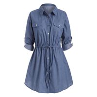Wholesale Casual Dresses Plus Size Roll Sleeve Snap Button Shirt Dress xl Denim Blue Turn Down Collar Long Sleeves Drawstring Waist