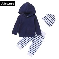 Wholesale Clothing Sets Winter Born Baby Boy Clothes Navy Blue Little Girl Outfit Years Children Long Sleeve Striped Three piece Hoodie Set