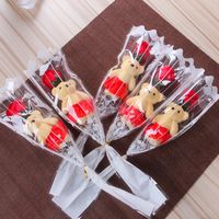 Wholesale With Cute Bear Artificial Flower For Valentines Day Simulation Soap Rose Flowers Multi Colors Single Bouquet