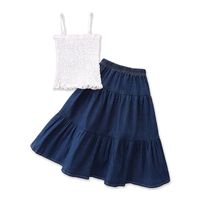 Wholesale Clothing Sets Personalized Little Girls Outfit Sweet Style Solid Color Stringy Selvedge Sleeveless Suspender Top Long Denim Skirt Se