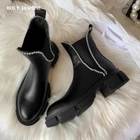 Wholesale Boots Genuine Leather Shoes Women Ankle Round Toe Autumn Winter Crystal Fashion Riding Platform