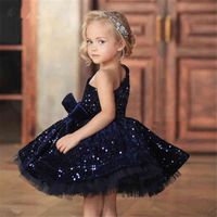 Wholesale Casual Dresses Children ed up in party swelled real blue princess girl on shoulder as flower infants prom wear