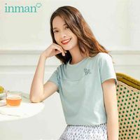 Wholesale INMAN Summer Elegant Lady Tops Simple Design Comfortable Cotton Material Blossom Flower Embroidery Short Sleeve Joker T Shirt