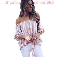 Wholesale Chiffon Blouse Women Fashion Striped Shirt Summer Off Shoulder Casual Tops Bow Tie Bandage Blouses Shirts Blusa Mujer S xl