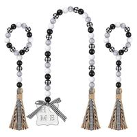 Wholesale Decorative Objects Figurines Pieces Wooden Bead Garland Home Decoration Handmade Black White Wood String With Rustic Tassel Wall Hanging