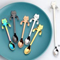Wholesale Stainless Steel Spoons Cute Cat Hanging Cup Coffee Spoon Teaspoon Dessert Snack Scoop Ice Cream Mini Spoons Tableware HWB11383