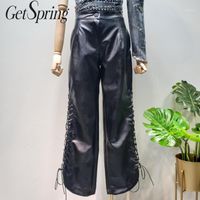 Wholesale Women s Pants Capris GetSpring Women Black PU Leather High Waist Wide Leg Bandage Long Trousers Fashion Female